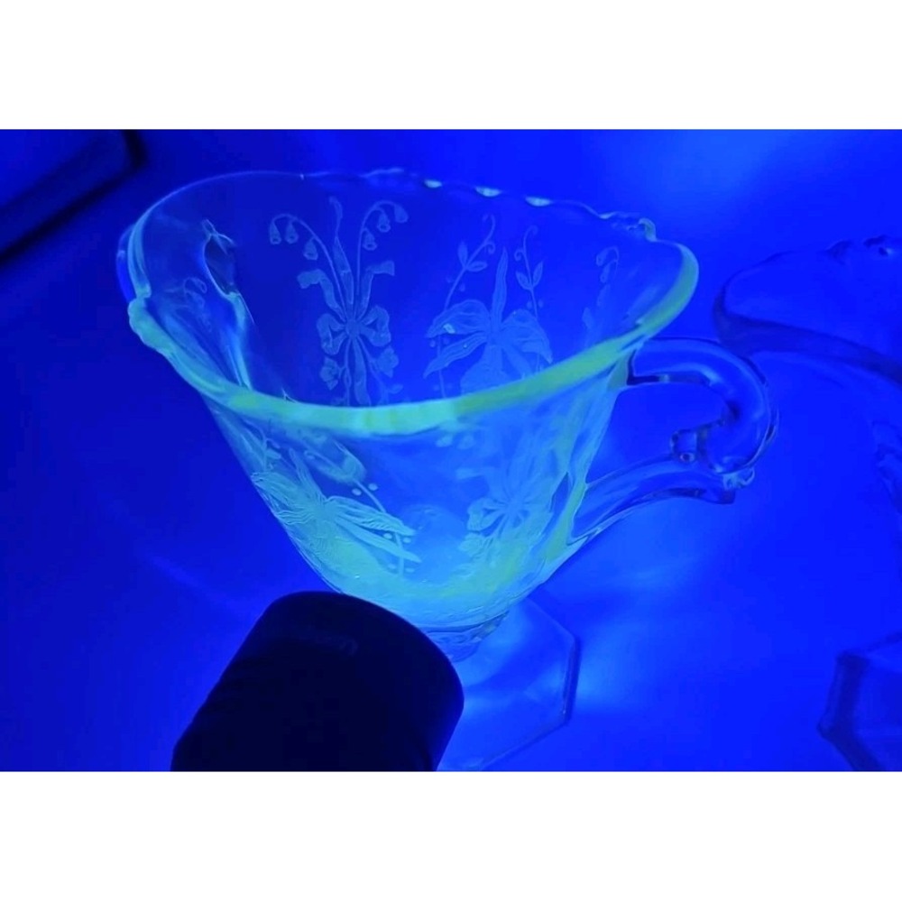 Vintage Vaseline E H Heisey Etched Glass Orchid Pattern Creamer & Sugar Bowl Set